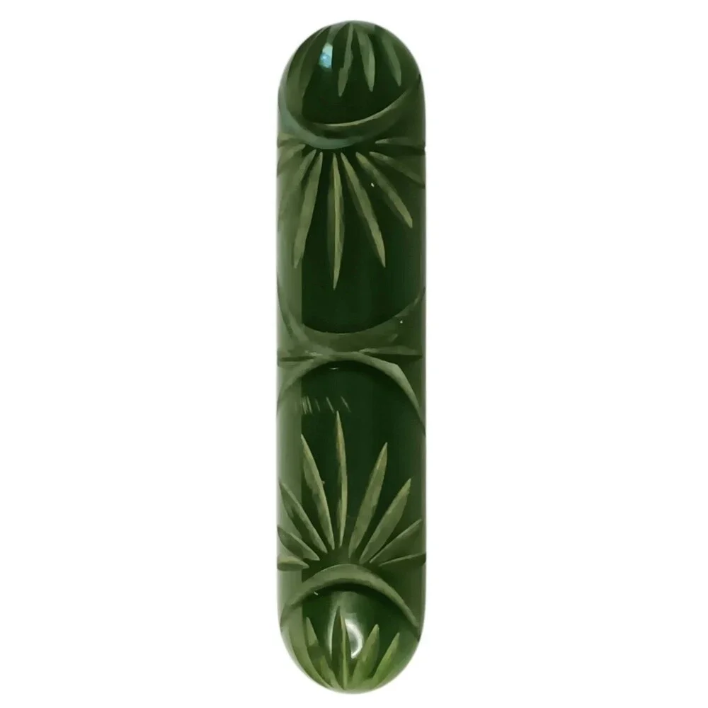 Bakelite Brooch Carved Dark Green Bar Pin Art Deco Tropical Leaf Fan Design 3.25